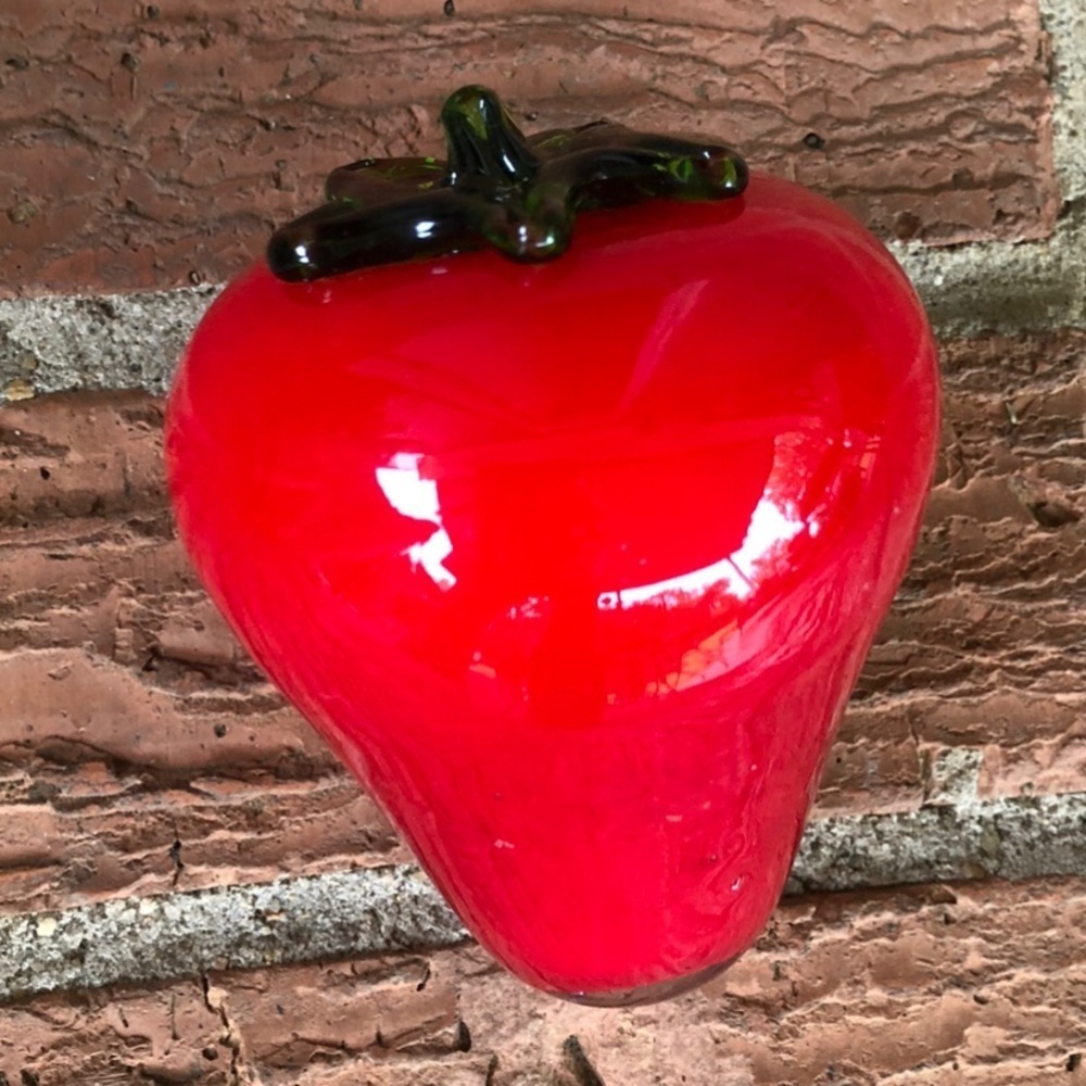 Large Red Strawberry Hand Blown Glass Art Red & Green Lightly Textured
